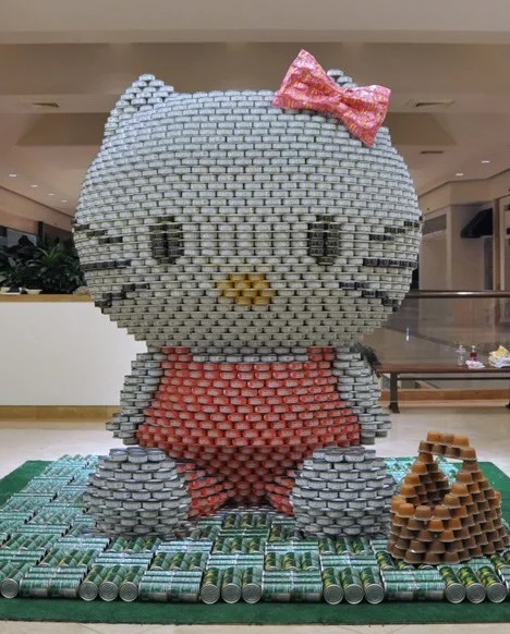 Hello Kitty made with tins of food