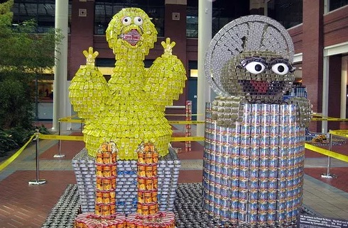 Big Bird and Oscar the grouch made with tins of food