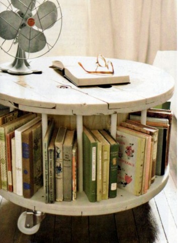 Wooden Cable Reel Used To Make a Book Tidy