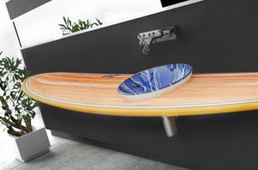 Surfboard Used To a Bathroom Sink