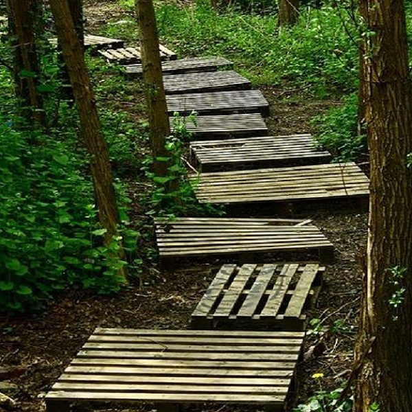 A Garden Path Made With Wooden Pallets