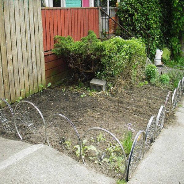 A Garden Border Made From Bicycle Wheels